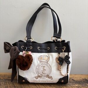 Juicy Couture Daydreamer Tote Brown & Cream Crown Crest Bag + Charms